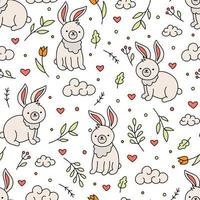 Easter vector seamless pattern with bunnies and hearts