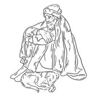 A homeless man sitting with the dog under the blanket vector