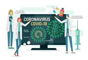 los médicos hablan sobre la estructura del coronavirus en la televisión vector