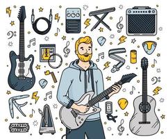 Guitar musical instruments set in Doodle style vector