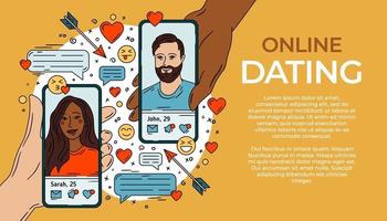 Online dating, woman and man on the smartphone landing or banner vector