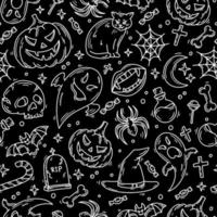 Halloween black seamless pattern with magic icons in doodle style vector