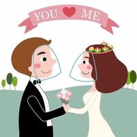 bride and groom love in covid wearing face shields in garden wedding vector