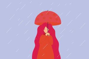 Young woman holding an umbrella in a rainy day. Mental health concept. vector