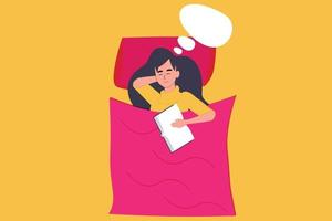 Tired female fell asleep while holding her book. Vector