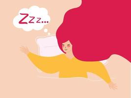 Woman sleeping on her bed, snoring and dreaming. Bubble speech. Vector