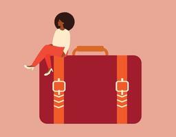mujer negra americana se sienta en un gran maletín con confianza y orgullo vector