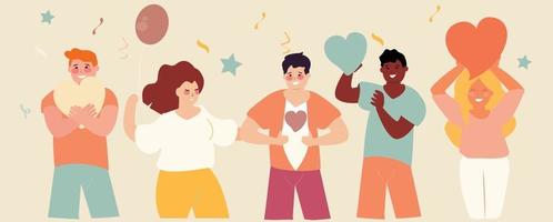 Happy people group holding hearts, dancing and celebrating the moment. vector