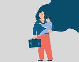 mujer de negocios sostiene a su hijo en una mano y una bolsa en la otra.