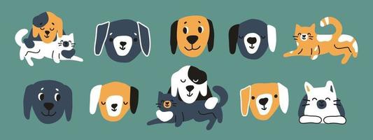 Group of hand drawn vector dogs or puppies with cats