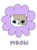ilustración gato flor morada miau texto linda mascota para niños vector