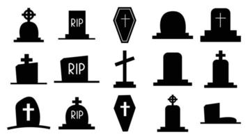 Collection of dark silhouettes of tombstones. graves monuments vector