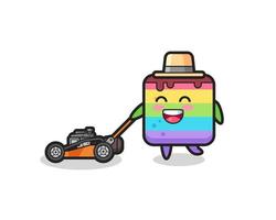 illustration of the rainbow cake character using lawn mower vector