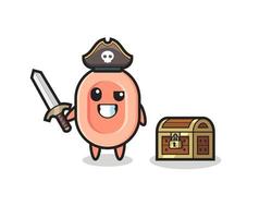 the soap pirate character holding sword beside a treasure box vector