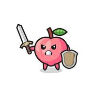cute peach soldier fighting with sword and shield vector