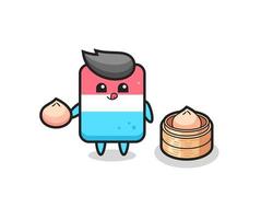 cute eraser character eating steamed buns vector