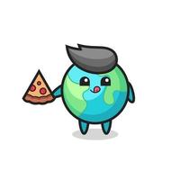 cute earth cartoon eating pizza vector