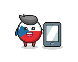 czech flag badge illustration cartoon holding a smartphone vector