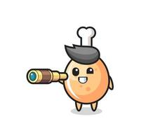cute fried chicken character is holding an old telescope vector