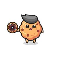 illustration of an chocolate chip cookie character eating a doughnut vector