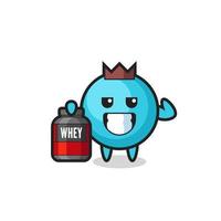 the muscular blueberry character is holding a protein supplement vector