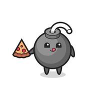 cute bomb cartoon eating pizza vector