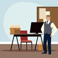 businessman character working with computer and paperwork vector