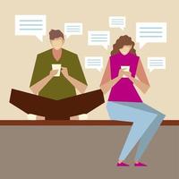 man and woman characters sitting using smartphones, people and gadgets vector