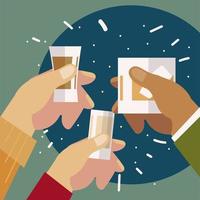 cheers, hands with whiskey and tequila glasses celebration vector