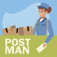 postal service female worker with envelope and boxes vector