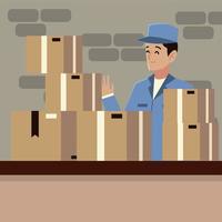 postal service postman character with boxes on counter vector