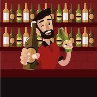 smiling bartender holding beer bottles in the counter bar vector