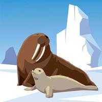 walrus and seal together arctic iceberg north pole vector