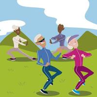 personas mayores activas, parejas de ancianos practicando yoga y caminando vector