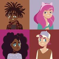 gente joven cultura niña con cabello rosado, hombre afro con rastas vector