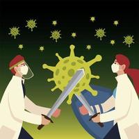 covid 19 virus protection doctors with masks and sword vector design