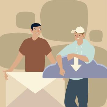 hombres con objetos envolventes y computación. vector