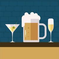 beer mug champagne and martini drink, cheers vector