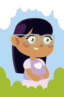 linda chica con gafas en el jardín de dibujos animados, niños vector