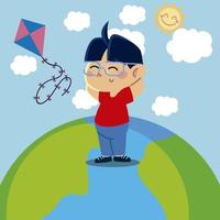boy playing with kite on planet cartoon, children vector