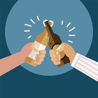 male hands with beer bottles alcohol celebration, cheers vector