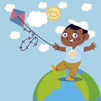 boy playing with kite on world cartoon, children vector