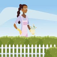 gardening, woman with flowers in pot bushes and fence garden vector