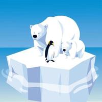 polar bears and penguin floating on iceberg north pole vector