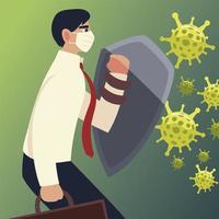 covid 19 virus businessman with suitcase and shield vector design