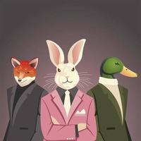 gente arte animal, conejo, pato y zorro en traje elegante ropa