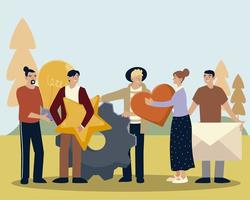 collection people with object heart envelope star and gear vector