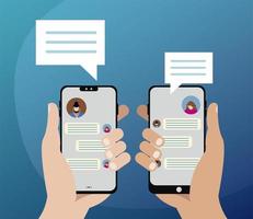 hands with smartphones and chat bubbles in screen vector