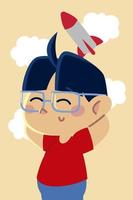 cute little boy with glasses and rocket toy cartoon, children vector