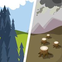 forest before and after deforestation, pollution environmental vector